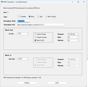 MidiXLate PC configuration app — Line Maintenance dialog for a Block translation